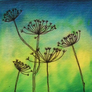 Machine Stitched Seed Heads on Painted Background