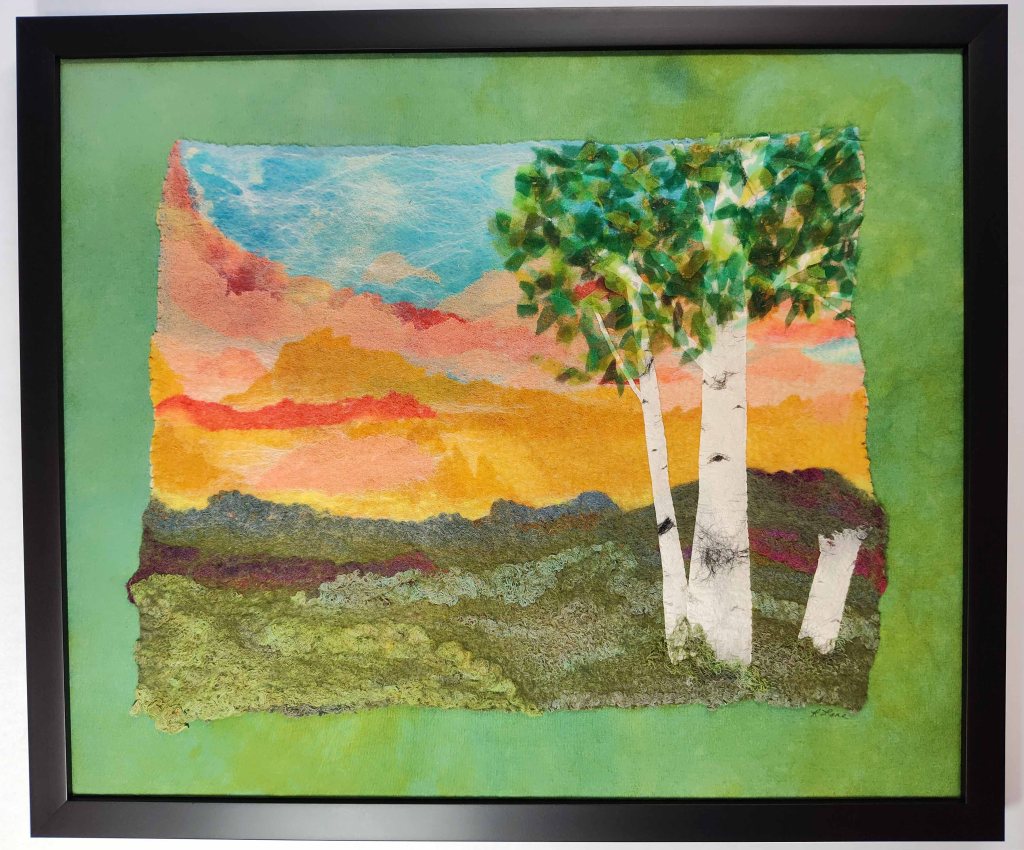 Framed Nuno Felted Landscape with Birch Trees in Foreground